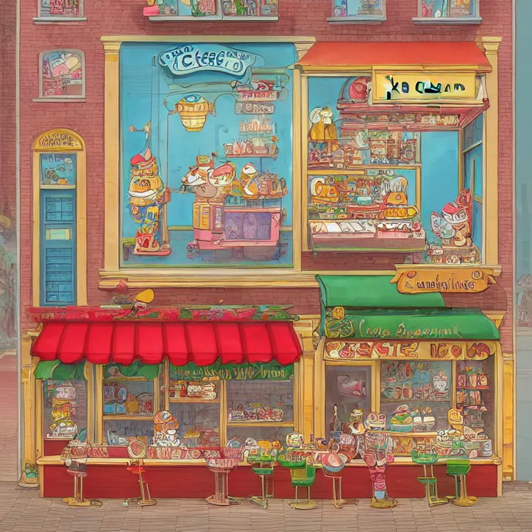 Image similar to ice cream shop, by richard scarry, intricate detail, HD, trending on artstation, fluorescent accents