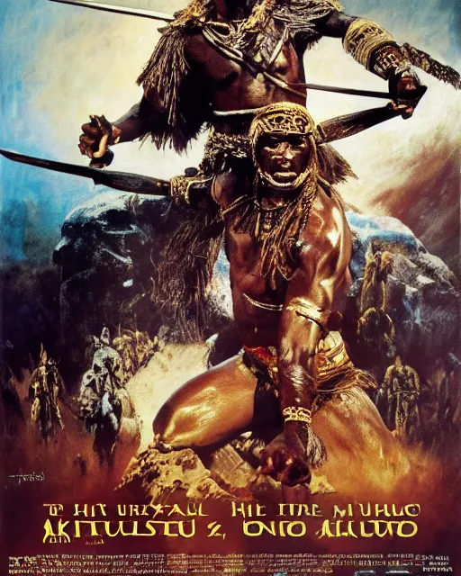 Prompt: Movie poster of Shaka Zulu, Highly Detailed, A master piece of storytelling, wide angle, cinematic shot, Battle, War, Violent, highly detailed, cinematic lighting, by frank frazetta + ilya repin , 8k, hd, high resolution print