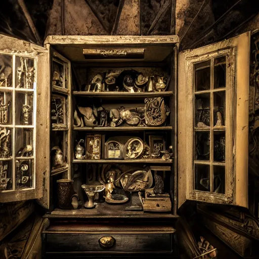 Prompt: cabinet of oddities and curiosities, esoteric, hd award cinematic photography, dramatic lighting