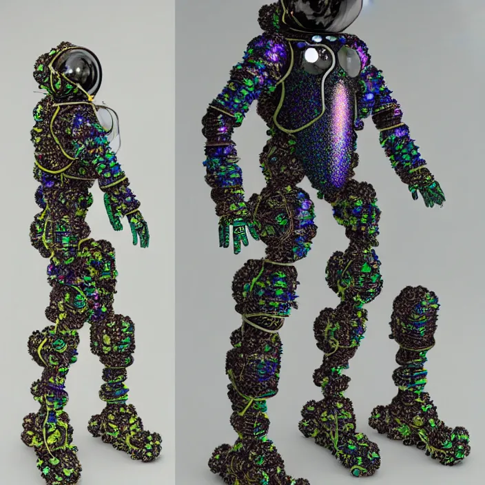 Image similar to a cybernetic symbiosis of a single astronaut mech-organic eva suit made of pearlescent wearing anodized thread knitted shiny ceramic multi colored yarn thread infected with kevlar,ferrofluid drips,carbon fiber,ceramic cracks,gaseous blob materials and diamond 3d fractal lace iridescent bubble 3d skin dotted covered with orb stalks of insectoid compound eye camera lenses orbs floats through the living room, film still from the movie directed by Denis Villeneuve with art direction by Salvador Dalí, wide lens,