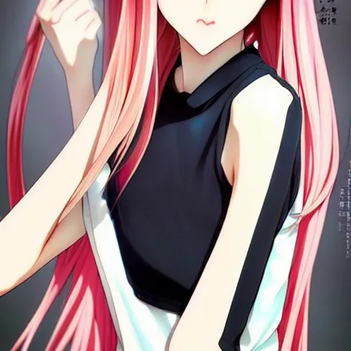 Prompt: attractive elegant sophisticated reservedyoung woman, slim figure, perfect silky straight hair, smooth tan skin, dark circles under bemused eyes, hip emo fashion, tshirt!!, shorts!!, illustrated for newtype magazine!! by range murata!!!, realistic anime style, pinterest, very interesting digital painting, beautiful portrait!!!