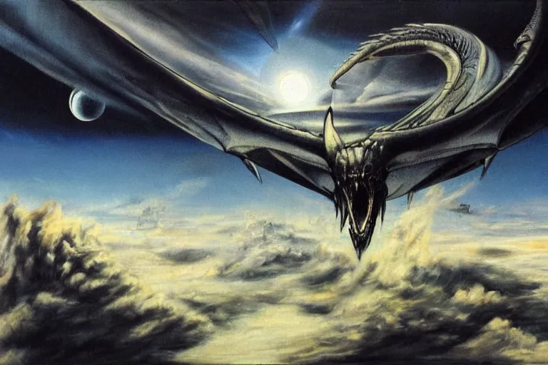 Image similar to painting by h. r. giger, menacing dragon soaring above the clouds, blackhole sun, dark undertones, flow of motion, closeup