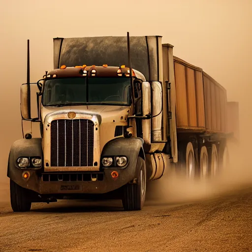 Image similar to ups feeder tractor trailer truck in mad max : fury road, midday light, 2 8 mm lens, dust storm,