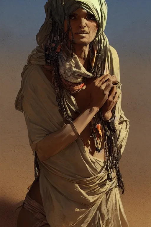 Image similar to a full body portrait of a beautiful post apocalyptic offworld desert bedouin blind beggar by the pool, intricate, elegant, highly detailed, digital painting, artstation, concept art, smooth, sharp focus, illustration, art by krenz cushart and artem demura and alphonse mucha