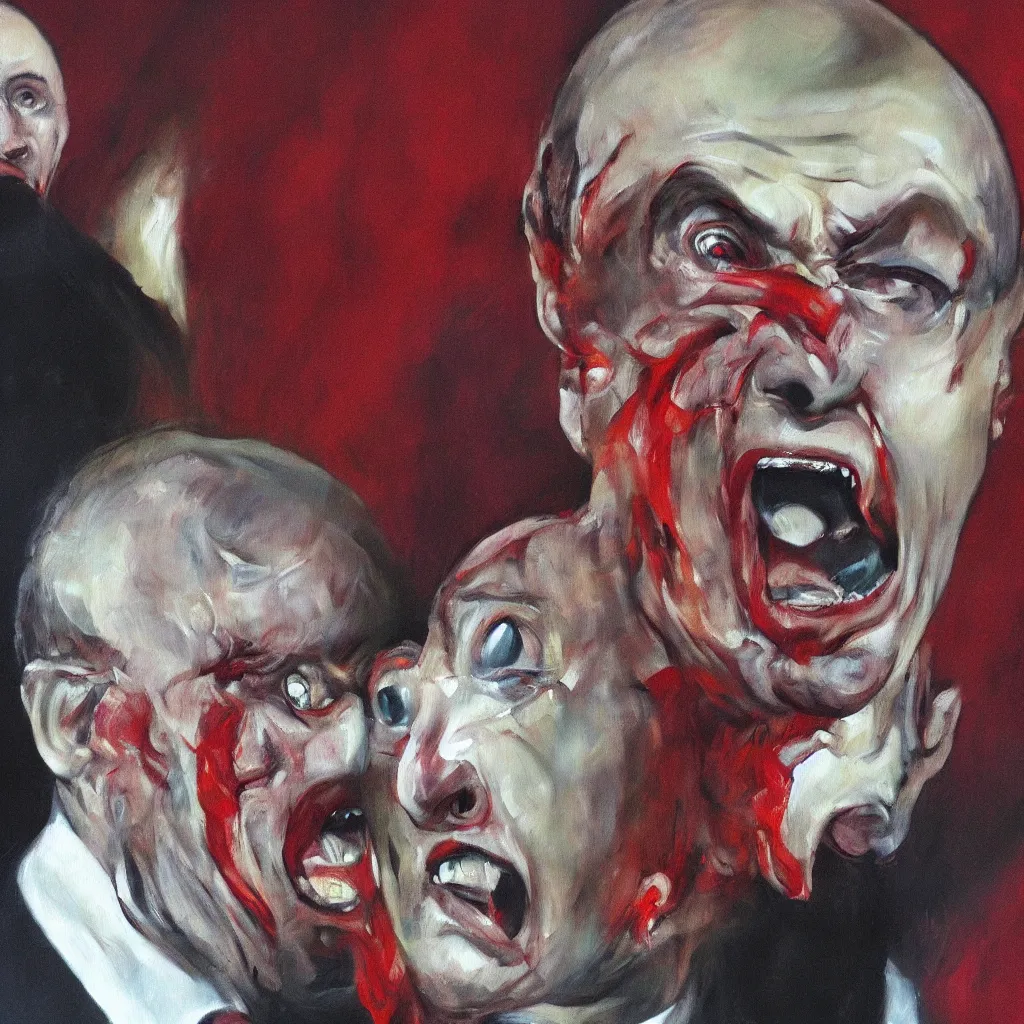 Prompt: oil painting of evil vladimir putin, screaming eyes wide shot art by francis bacon