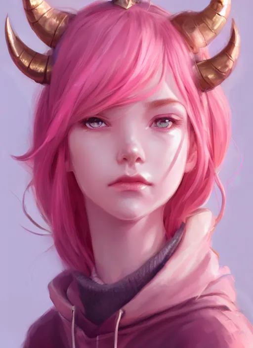 Prompt: a highly detailed illustration of cute smug pink haired pale girl with curved horns wearing oversized pink hoodie, dramatic smirk pose, intricate, elegant, highly detailed, centered, soft light, character design, cushart krenz, digital painting, artstation, concept art, smooth, sharp focus, league of legends concept art, wlop.