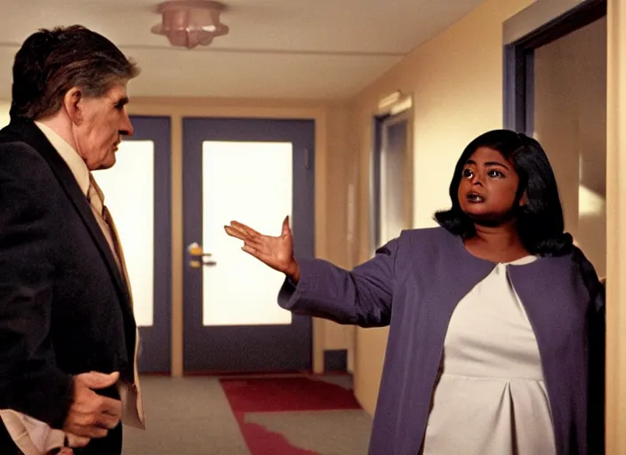 Image similar to cinematic shot of octavia spencer confronts joe manchin in a motel, in the near future, iconic scene from the paranoid thriller sci fi film directed by stanley kubrick, color theory, apartment design, leading lines, photorealistic, volumetric lighting, shot on color kodak stock