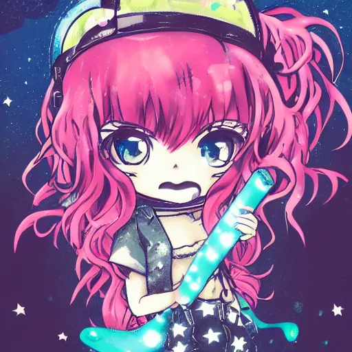 Image similar to pinup pose, portrait of a grungy skull anime and chibi very cute doll by super ss, cyberpunk fashion, nendoroid, kawaii, curly pink hair, night sky, looking up, swirly clouds, neon yellow stars, by wlop, james jean, victo ngai, muted colors, highly detailed