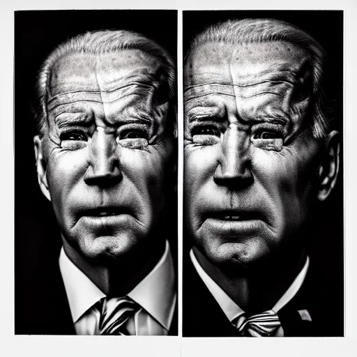 Image similar to a photographic portrait of Biden with bells palsy by Lee Jeffries