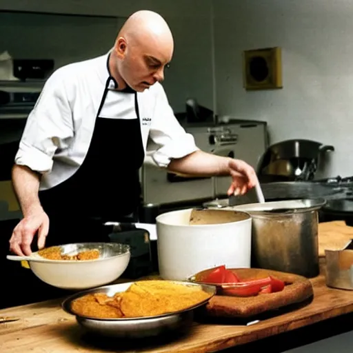 Prompt: brian eno cooking in the studio, high quality press photo,