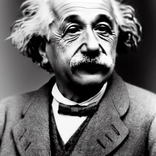 Image similar to highly detailed photo of Albert Einstein using a mobile cell phone, 4k