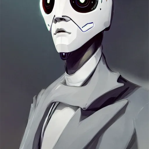 Image similar to portrait of a character with many robotic eyes, wearing sleek clothes, wearing a flowing white tailcoat, wearing a futuristic insectoid armored white mask with five circular lenses for eyes, the mask covers his entire face, many eyes, dramatic lighting, illustration by Greg rutkowski, yoji shinkawa, 4k, digital art, concept art, trending on artstation