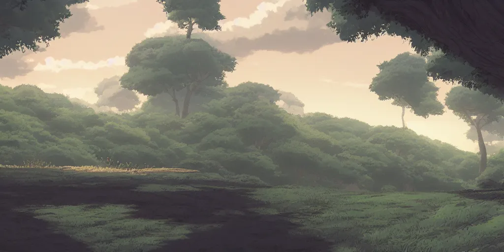 Image similar to evening, landscape, no people, Ghibli, Anime Background, Miyazaki Hayao, concept art, illustration,smooth, sharp focus, intricate, super wide angle, trending on artstation, trending on deviantart, 4K