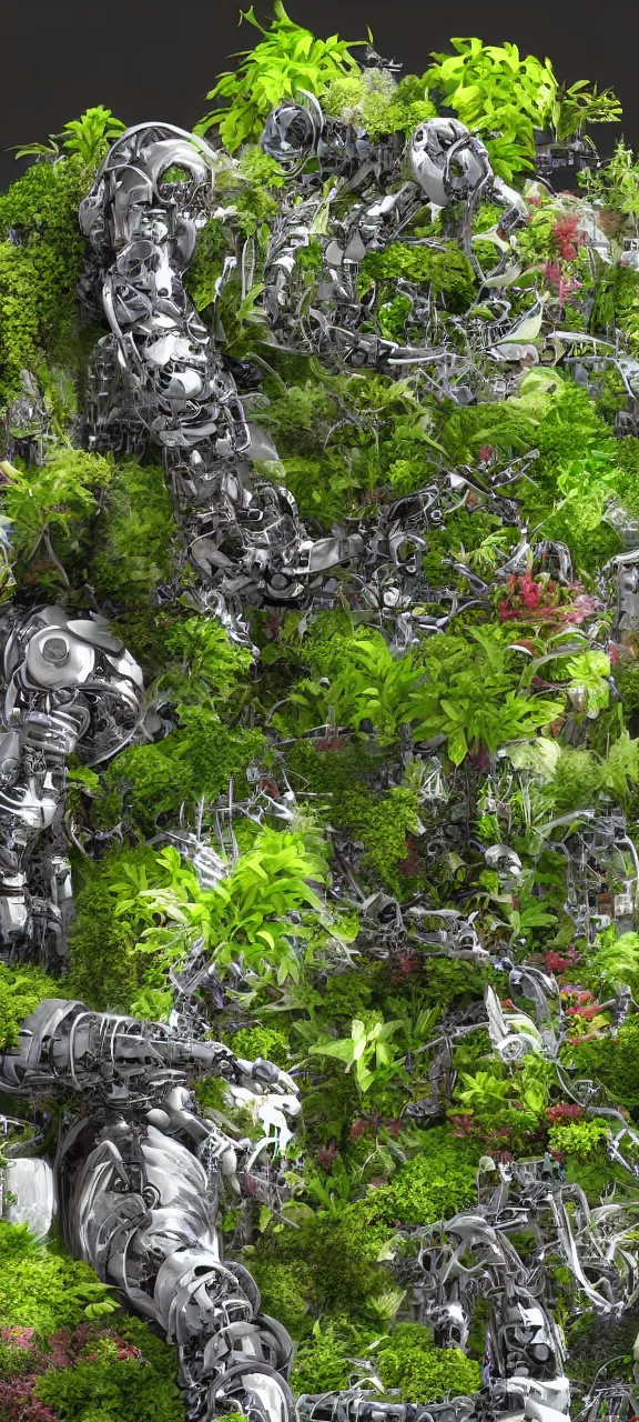 Prompt: robot body degraded and filled with plants, stunning, 4 k, detailed,