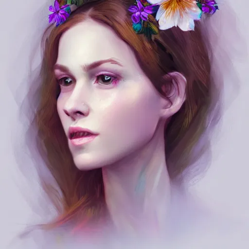 Image similar to character concept portrait of a beautiful woman with pale face, flowers in her hair, intricate, elegant, digital painting, concept art, smooth, focus, rim light