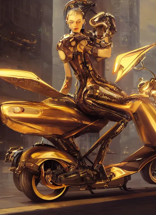 Image similar to golden scooter, cyberpunk, au naturel, hyper detailed, digital art, trending in artstation, cinematic lighting, studio quality, smooth render, unreal engine 5 rendered, octane rendered, art style by klimt and nixeu and ian sprigger and wlop and krenz cushart