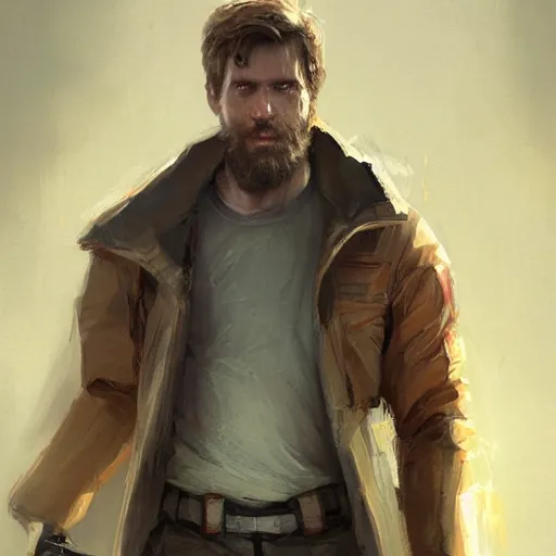 Image similar to portrait of a man by greg rutkowski, cade skywalker, messy blond hair, beard, tall and muscular, star wars expanded universe, he is about 3 0 years old, wearing a flying jacket, distrustful and arrogant, highly detailed portrait, digital painting, artstation, concept art, smooth, sharp foccus ilustration, artstation hq