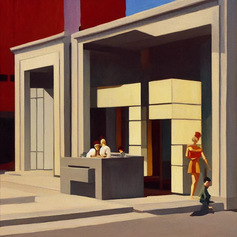 Prompt: apple store opening in ancient Greece, painted by Edward Hopper, painted by James Gilleard, airbrush