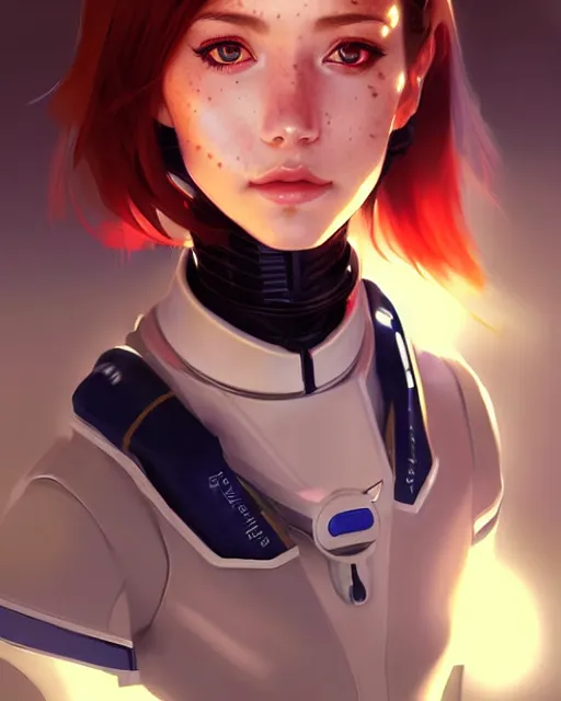 Image similar to portrait Anime space cadet cyborg, pretty face, realistic shaded Perfect face, fine details. Anime. realistic shaded lighting by Ilya Kuvshinov Giuseppe Dangelico Pino and Michael Garmash and Rob Rey, IAMAG premiere, aaaa achievement collection, elegant freckles, fabulous