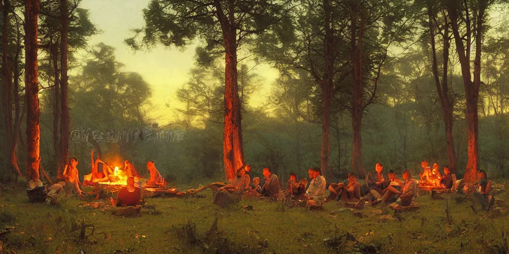 Image similar to lourmarin, dense forest, dusk, sunset, campfire, horizontal symmetry inception good composition artstation illustration sharp focus, vista painted by ruan jia raymond swanland lawrence alma tadema zdzislaw beksinski norman rockwell tom lovell alex malveda greg staples