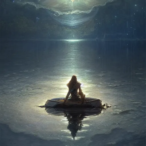 Image similar to excalibur in the middle of a lake under a giant full moon, rippling reflections, romantic, cinematic, intricate, elegant, highly detailed, artstation, concept art, smooth, sharp focus, art by WLOP and artgerm and greg rutkowski and alphonse mucha