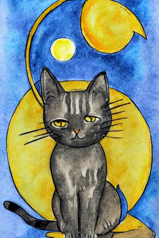 Image similar to drawing of a cat sitting on moon, witchy, mystical, watercolor