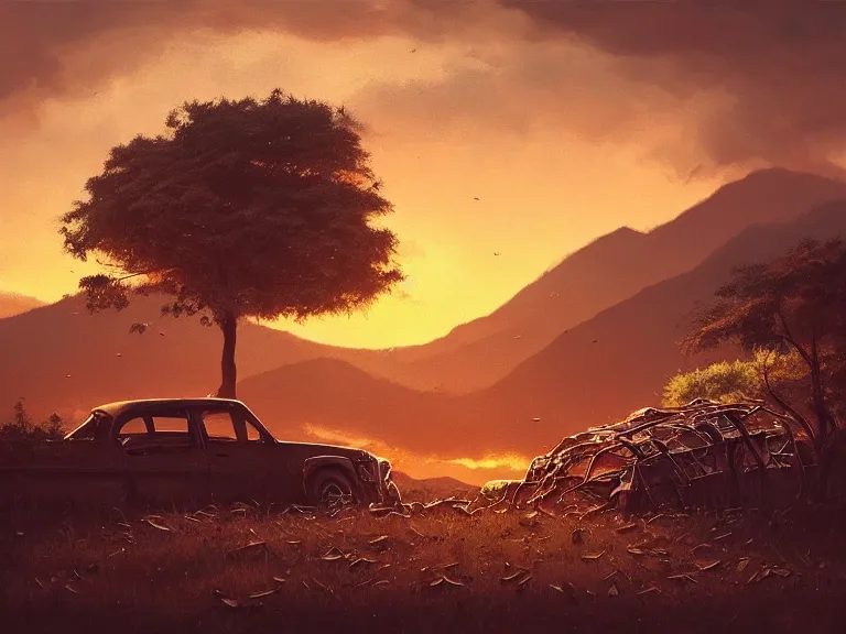 Image similar to low angle shot of tree growing inside scrap car in the foreground. overgrown. soft golden red sunset over the mountains in the background. clouds. detailed leaves. hyperrealistic, highly detailed, cinematic, beautiful, cgsociety, artstation, oil painting by greg rutkowski, by artgerm, by wlop