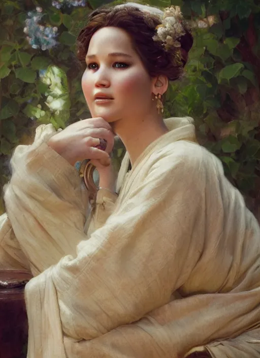 Image similar to detailed portrait of jennifer lawrence wearing hanfu, natural light, painting by gaston bussiere, craig mullins, j. c. leyendecker