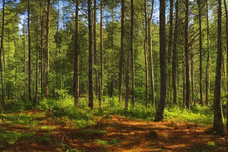 Image similar to beautiful swedish forest view, highly detailed, intricate, soft lighting, very wide shot