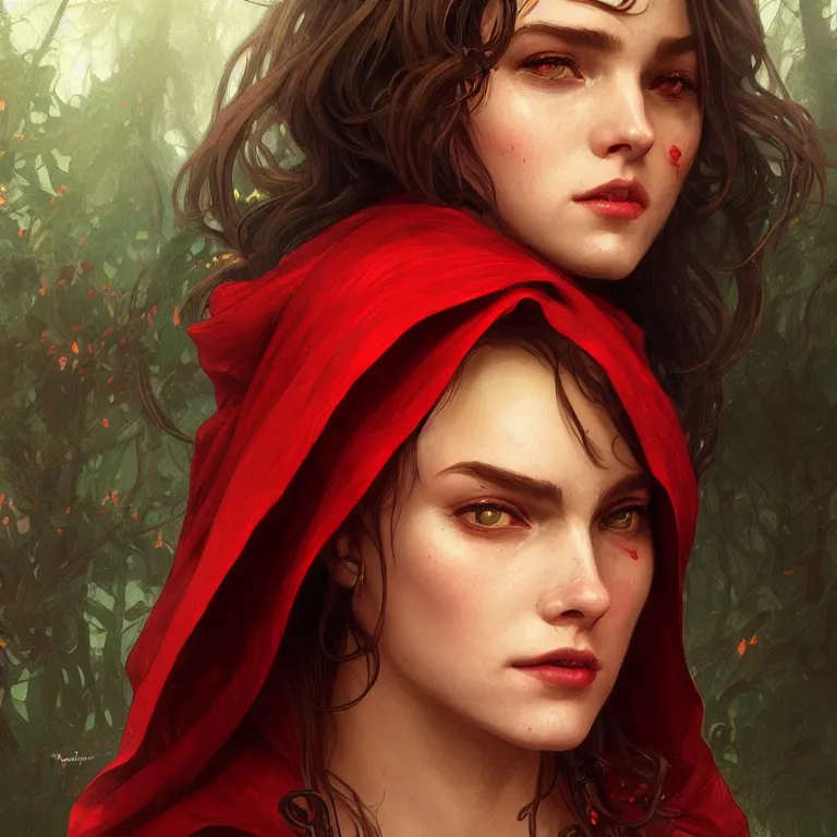 Image similar to a beautiful portrait of red riding hood, headshot, highly detailed, digital painting, artstation, concept art, sharp focus, cinematic lighting, illustration, art by artgerm and greg rutkowski, alphonse mucha, cgsociety