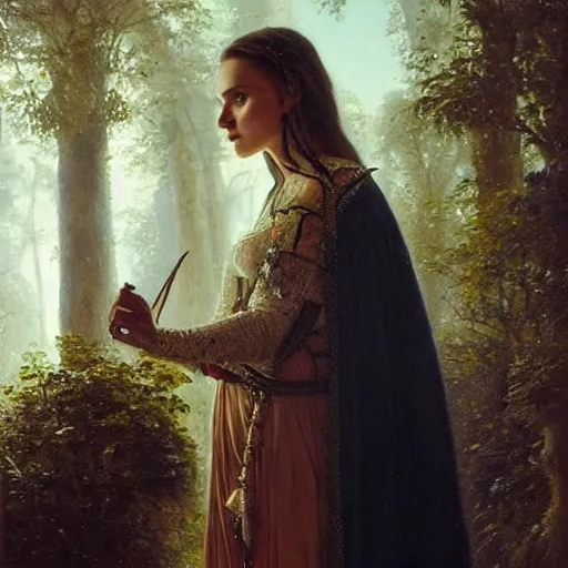 Image similar to portrait of natalie portman as a Druid, painting by ludwig deutsch and rudolf ernst, lost civilizations, long dark hair, beautiful, mystical, dramatic cinematic lighting, sharp focus, smooth, sharp focus, extremely detailed,