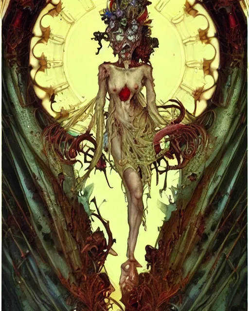 Image similar to perfectly centered portrait front view of a angry dead rotten beautiful female corpse growing ornamentation all around, ornate, ornaments, detailed, symmetrical, elegant, beautifully soft lit, by wayne barlowe, peter mohrbacher, kelly mckernan, alphonse mucha