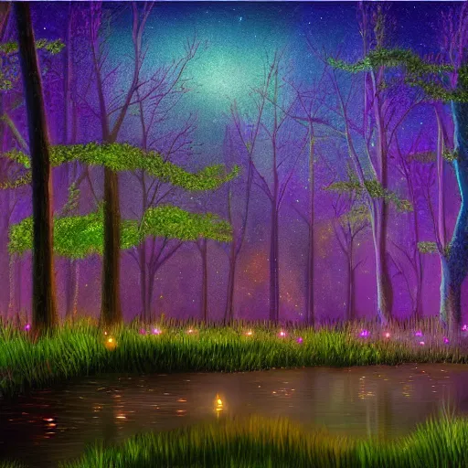 lake, trees, night, fireflies glowing above water