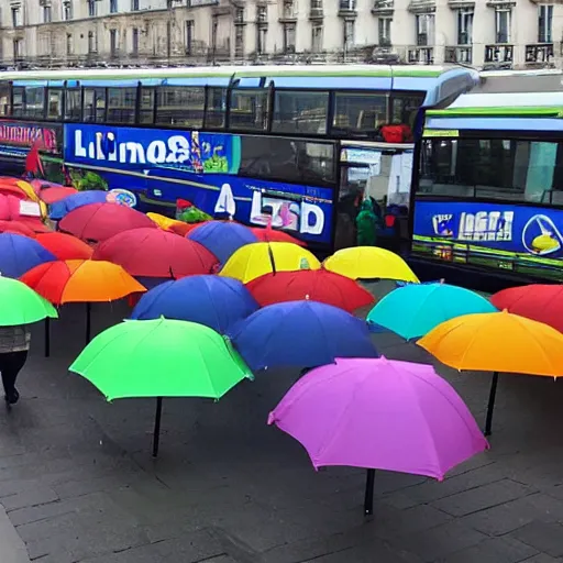 Prompt: a bus made of umbrellas in lidl