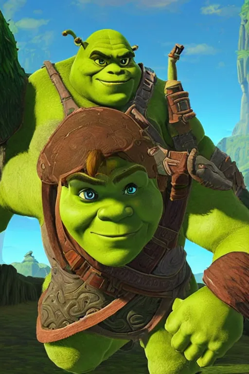 Image similar to an in game portrait of shrek from the legend of zelda breath of the wild, breath of the wild art style.