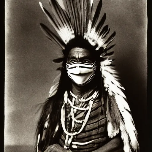 Prompt: vintage photo of a native american hopi shaman with a mask by edward s curtis, photo journalism, photography, cinematic, national geographic photoshoot