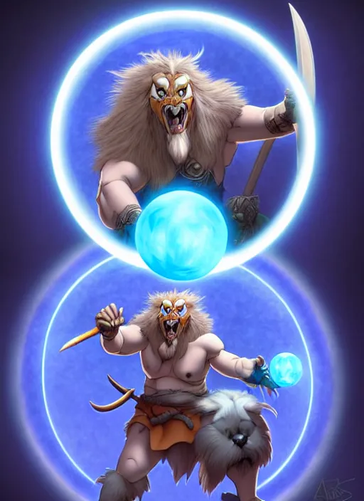 Prompt: lunatic fantasy barbarian with a canine face holding a glowing blue orb natural lighting, path traced, highly detailed, high quality, digital painting, by don bluth and ross tran and studio ghibli and alphonse mucha, artgerm