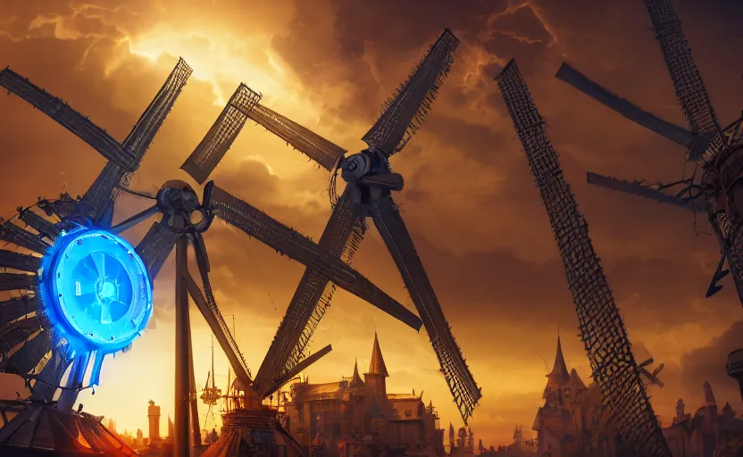 Prompt: a steampunk windmill, zoomed in, spinning fast, robot, blue fire, electricity lightning, concept art, sharp focus, intricate details, very high details, photorealistic, disney pixar, octane render, iridescent, anime, 8 k
