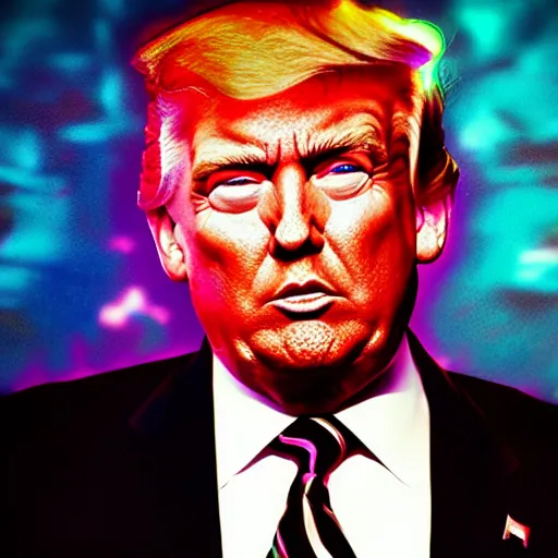 Image similar to synthwave, chromatic, Donald Trump face, detailed face, high resolution
