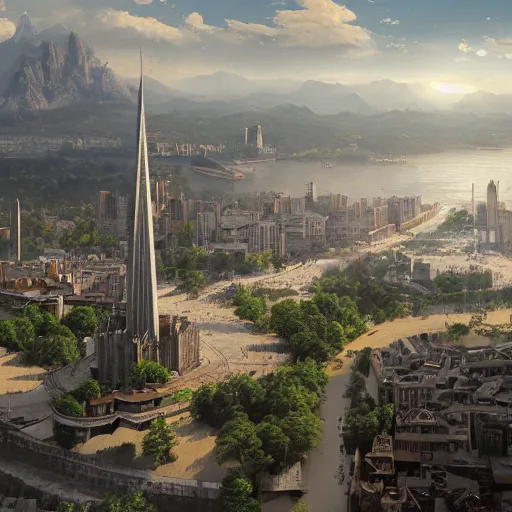 Prompt: an ultra detailed matte painting of the one impossibly tall black spire in the palace district on an island in a river elevated high above the city fortress tower, neoclassical, ultrawide lense, aerial photography, volumetric lighting, exquisite detail, octane render, 8 k postprocessing, art by brandon sanderson and artgerm and greg rutkowski and alphonse mucha