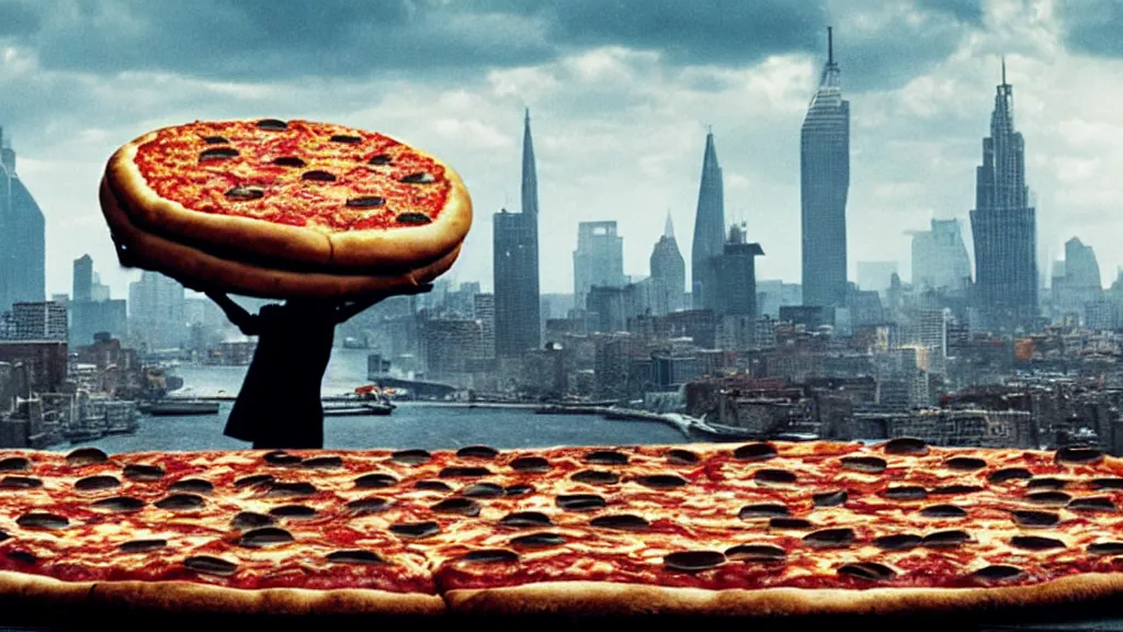 Image similar to the giant pizza floats the city, film still from the movie directed by denis villeneuve and david cronenberg with art direction by salvador dali and dr. seuss