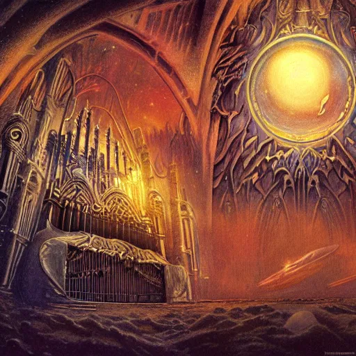 Image similar to pipe organ space opera album cover, style of alan lee, john howe, dramatic lighting, detailed, gothic, ornate