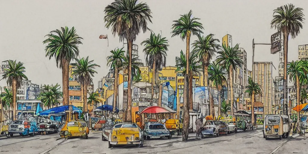 Prompt: street artists. painting of rounded bauhaus buildings in a junction in tel aviv. highly detailed. pen drawing painted with watercolors. colorful. low buildings. palm trees. super realistic. fluffy