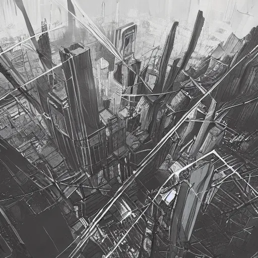 Image similar to concept art of tokyo city taken from drone by ashley wood and j. m. w. turner, speed painting, photo bash, cinematic angle, super detailing, monochrome