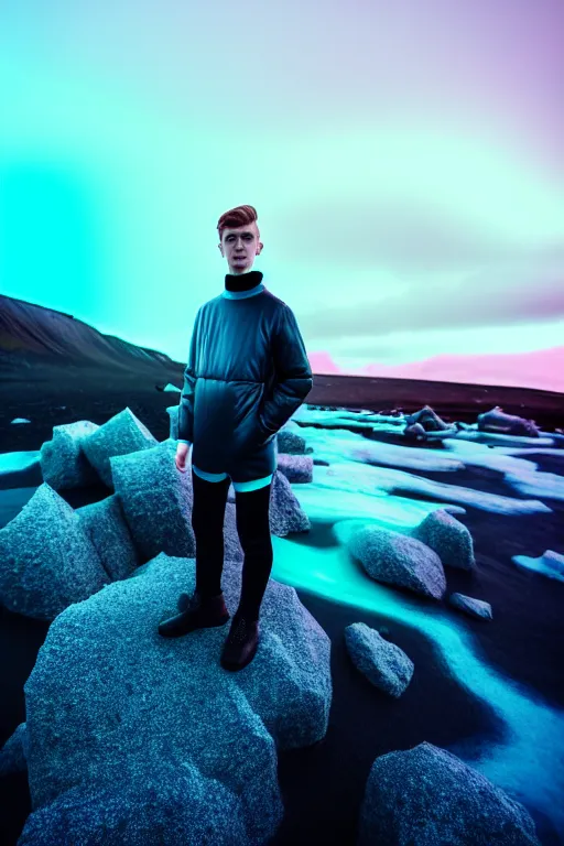Prompt: high quality pastel coloured film wide angle selfie photograph of an male cyber boy standing in an icelandic black rock environment. three point light. photographic. art directed. pastel colours. volumetric light. stark. waves glitch. 8 k. filmic.