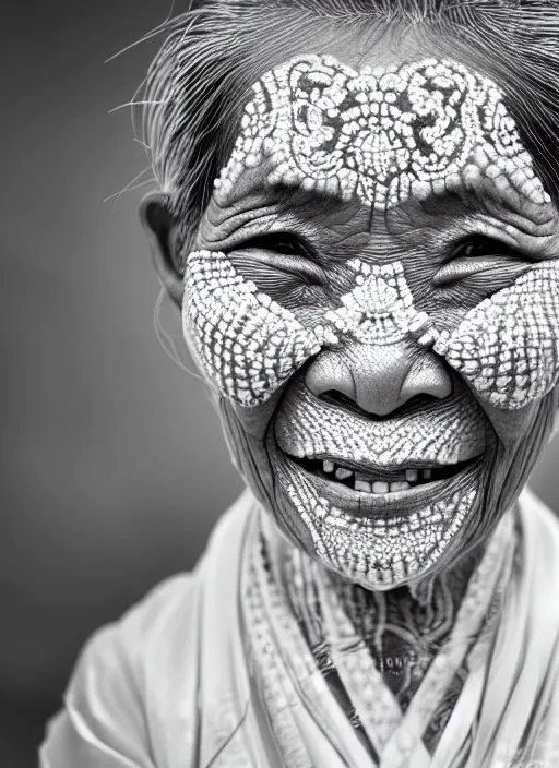 Prompt: a happy old thai woman with reflections in her eyes and slicked hair, painted with intricate white paint pattern, asymmetrical, clear skin, futuristic, elegant, graceful, fashionable, cinematic, hyperdetailed illustration by irakli nadar and alexandre ferra, depth of field, global illumination,