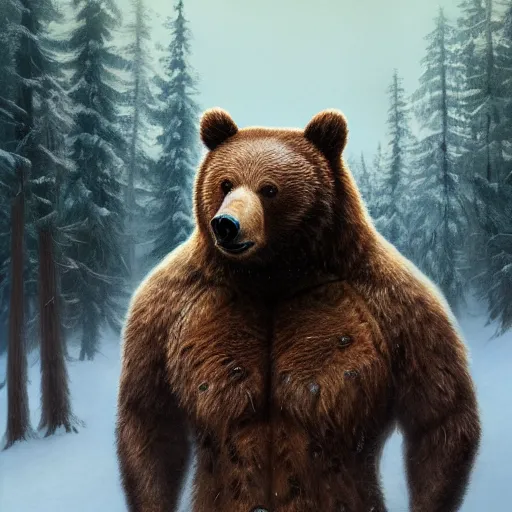 Image similar to highly detailed portrait of a bear in blizzard style, stephen bliss, unreal engine, greg rutkowski, ilya kuvshinov, ross draws, hyung tae and frank frazetta, tom bagshaw, tom whalen, nicoletta ceccoli, mark ryden, earl norem, global illumination, god rays