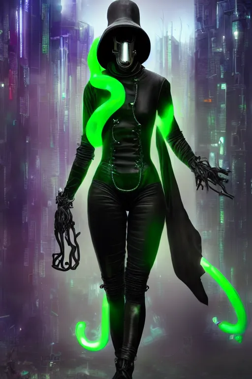 Prompt: wow! 3 / 4 stunning photorealistic portrait of a female plague doctor with a green aura in a kowloon! cyberpunk cityscape, biomechanical leather bodysuit, bioluminescent acid rain, dark fantasy by artgerm and sorayama and alphonse mucha, ultrarealistic, hyperdetailed, trending on artstation, octane render