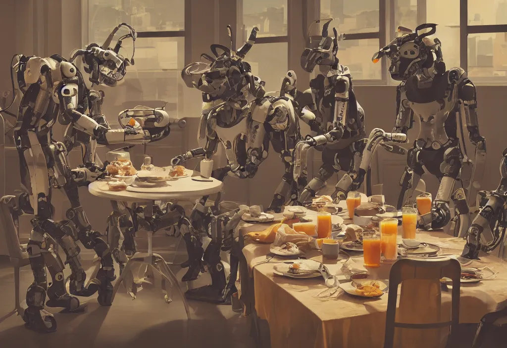 Image similar to accidentally wes anderson award - winning photograph of boston dynamics robots eating breakfast and drinking coffee, epic battlescene, 4 k, detailed, art by greg rutkowsky, trending on artstation, cinematic lighting, filmic grain, golden hour, detailed, 4 k