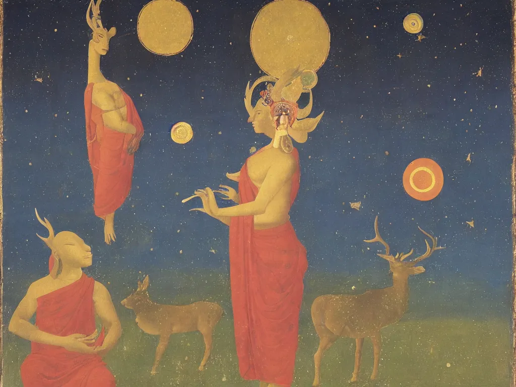 Prompt: Portrait of a Buddhist deity with comet, night sky, deer. Lapis Lazuli, malachite, cinnabar, gold. Painting by Piero della Francesca, Balthus, Agnes Pelton